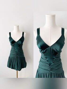 Vintage Marciano Emerald Green 100% Silk Bubble Hem Mini Dress